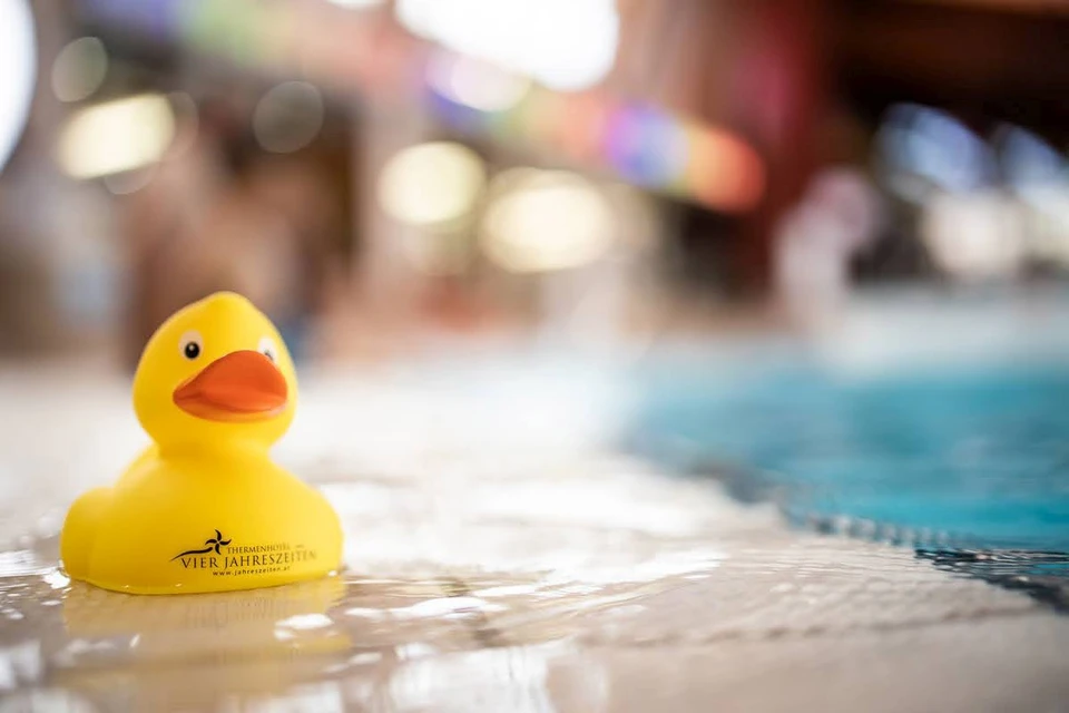 Badeente sitzt am Beckenrand im Thermenresort Loipersdorf